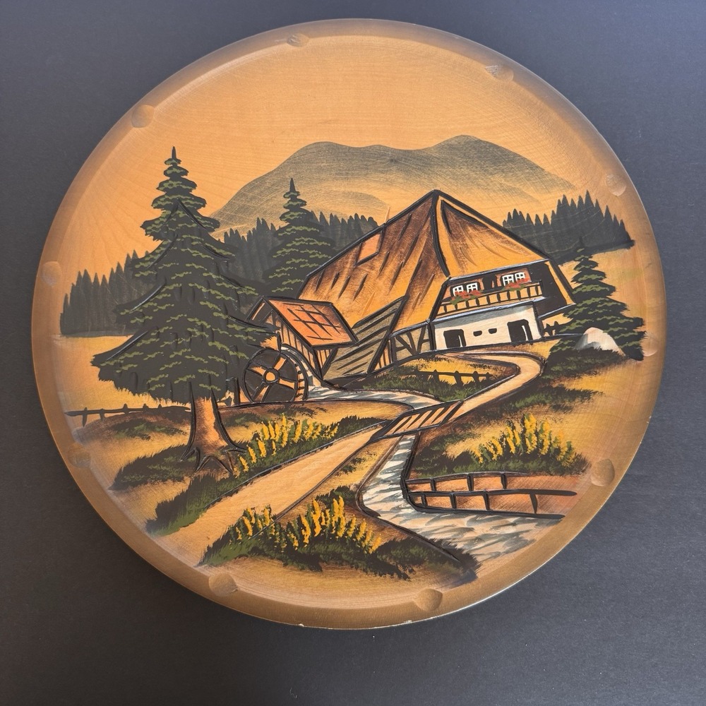 Vintage Black Forest Hand Painted Wooden Plate Germany Handmade #30